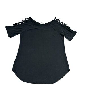 Women’s Cloud Chaser Black Short Sleeve Top With Criss-cross Strappy Lattice